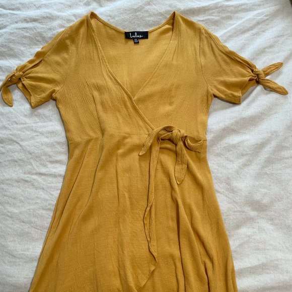 Lulu’s Flowy Golden Yellow Wrap Dress - Picture 3 of 6